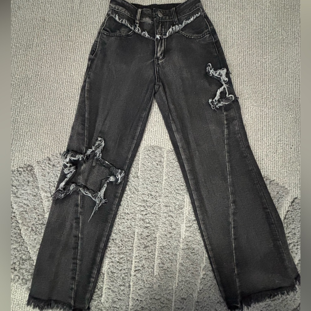 XXS Y2K Star Patch Distressed Black Washed Straight Leg Jeans